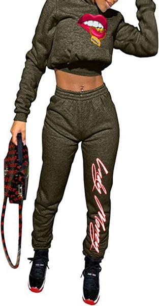 CROP TOP HOODIE MONEY COMBO SET (ARMY GREEN)