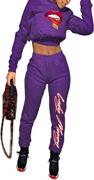 CROP TOP HOODIE MONEY COMBO SET (PURPLE)