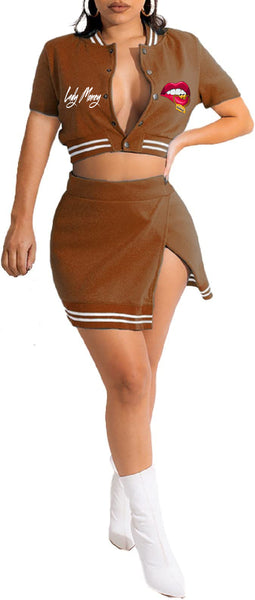 VARSITY MONEY JACKET/SKIRT COMBO SET (BROWN)