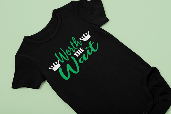 I'M WORTH THE WAIT PRINCESS MONEY BABY ONESIES (BLACK)